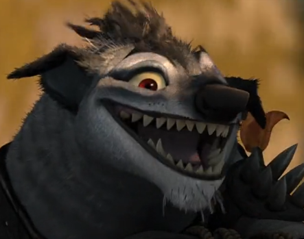 screenshot of the unnamed, one-eyed wolf villain from kung fu panda 2 with a big smile